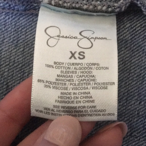 Jessica Simpson Two-Tone Denim Jacket with Sweater Sleeves XS Removable Hood - Picture 8 of 8